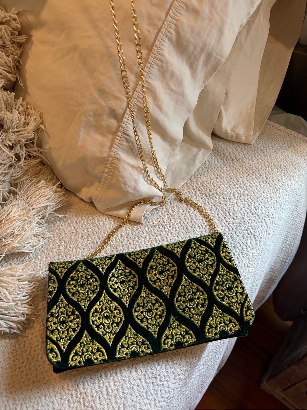 Embroidered Green and Gold Evening Clutch with Chain Strap